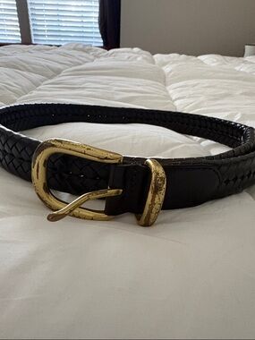 Coach Black Braided Leather Belt with Distressed Gold Buckle